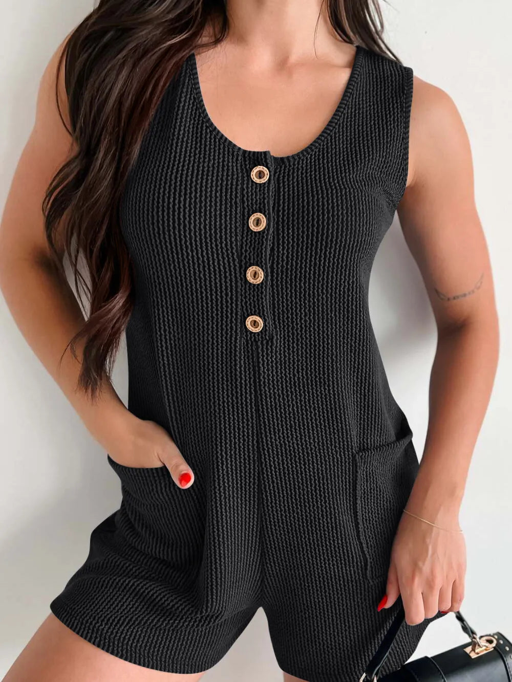 Button Detail Wide Strap Romper
