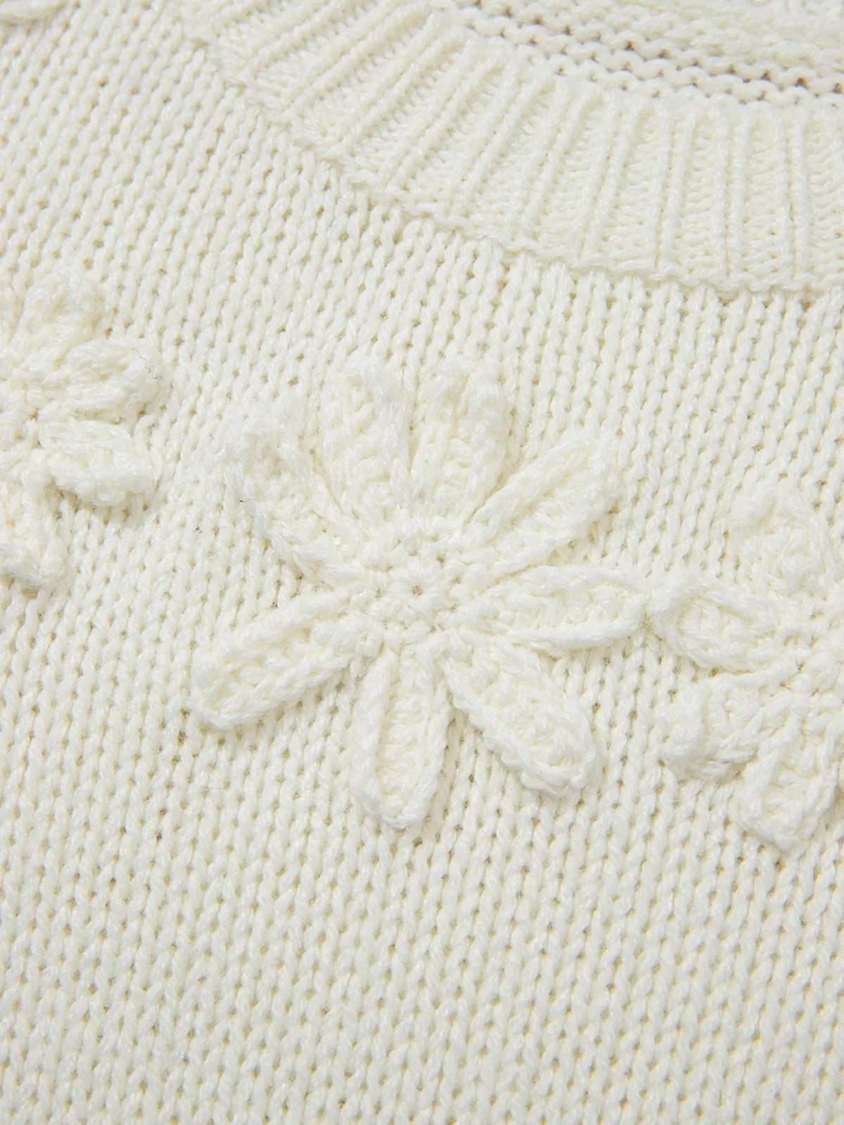 Flower Detail Round Neck Contrast Textured Puff Sleeve Sweater