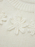 Flower Detail Round Neck Contrast Textured Puff Sleeve Sweater