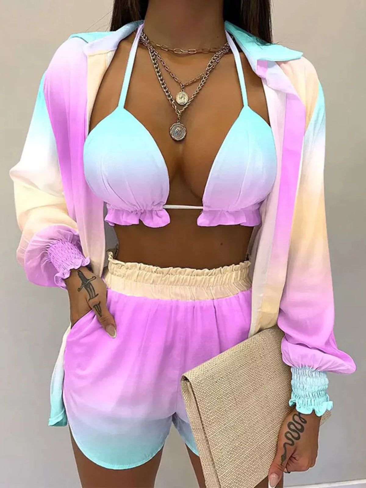 Full Size Halter Neck Cami & Shirt & Shorts 3-Piece Outfit Set Plus Size