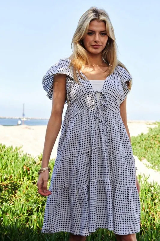 Davi & Dani Jacquard V-Neck Flutter Cap Sleeve Tiered Dress