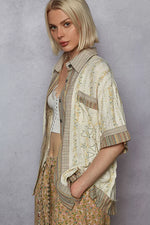 POL Printed Button Down Patchwork Short Sleeve Shirt