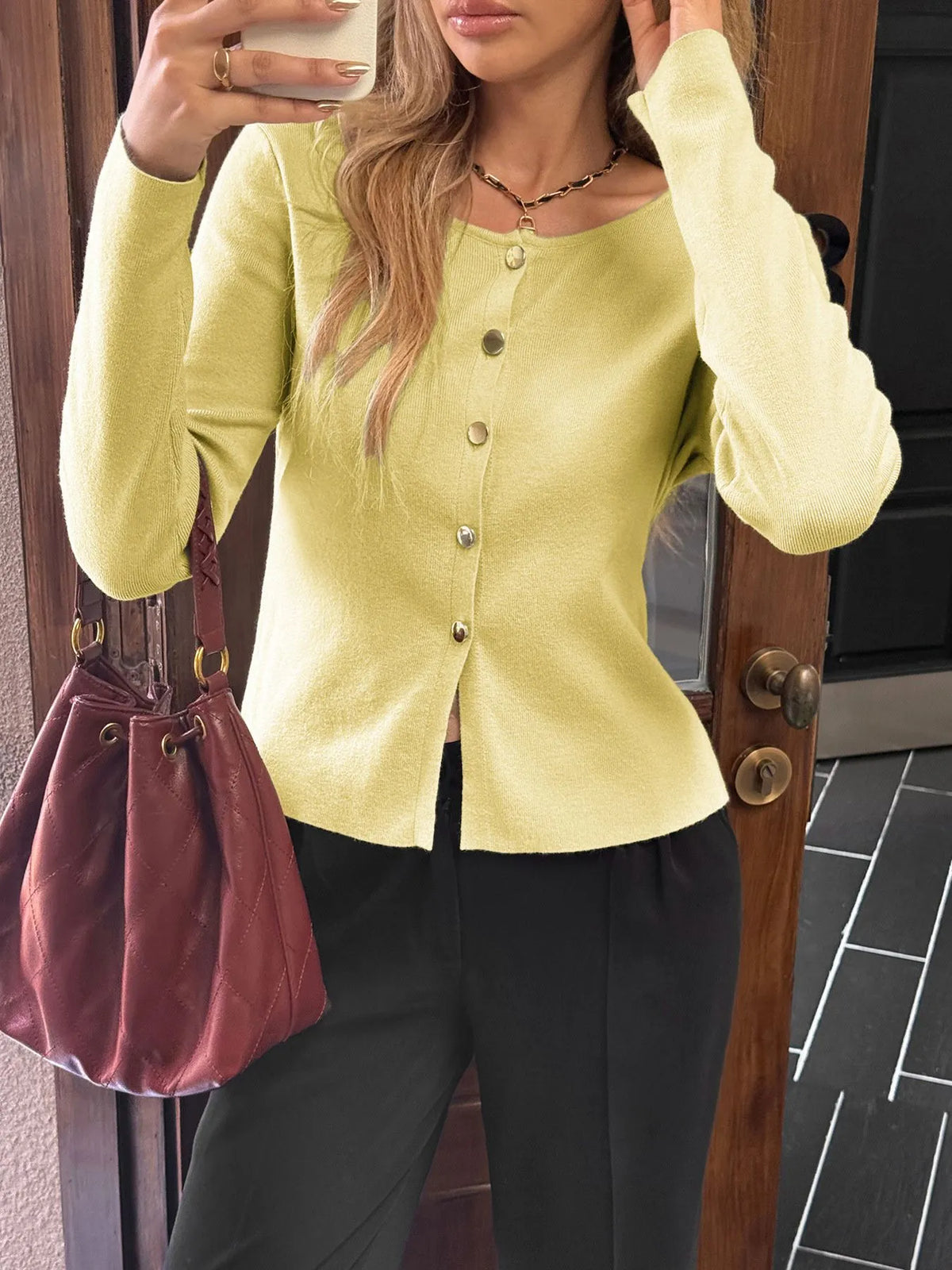 Button-Up Long Sleeve Knit Cardigan