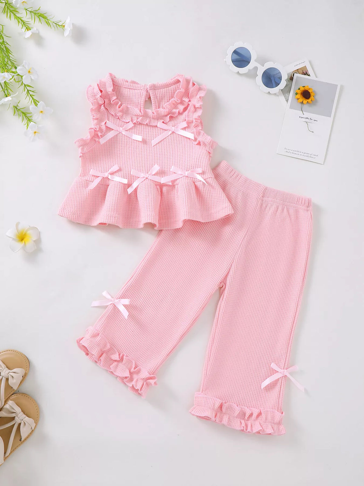 Children's Bow Waffle Knit Top and Pants Set