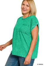 Zenana Full Size Crinkle Washed Round Neck Folded Short Sleeve Tee Plus Size