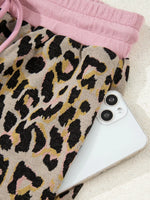 Leopard Print Contrast Edge Long Sleeve Pullover Shorts Set