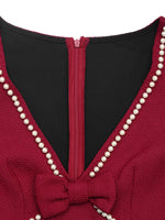 Pearl Trim V-Neck Long Sleeve Bodycon Dress