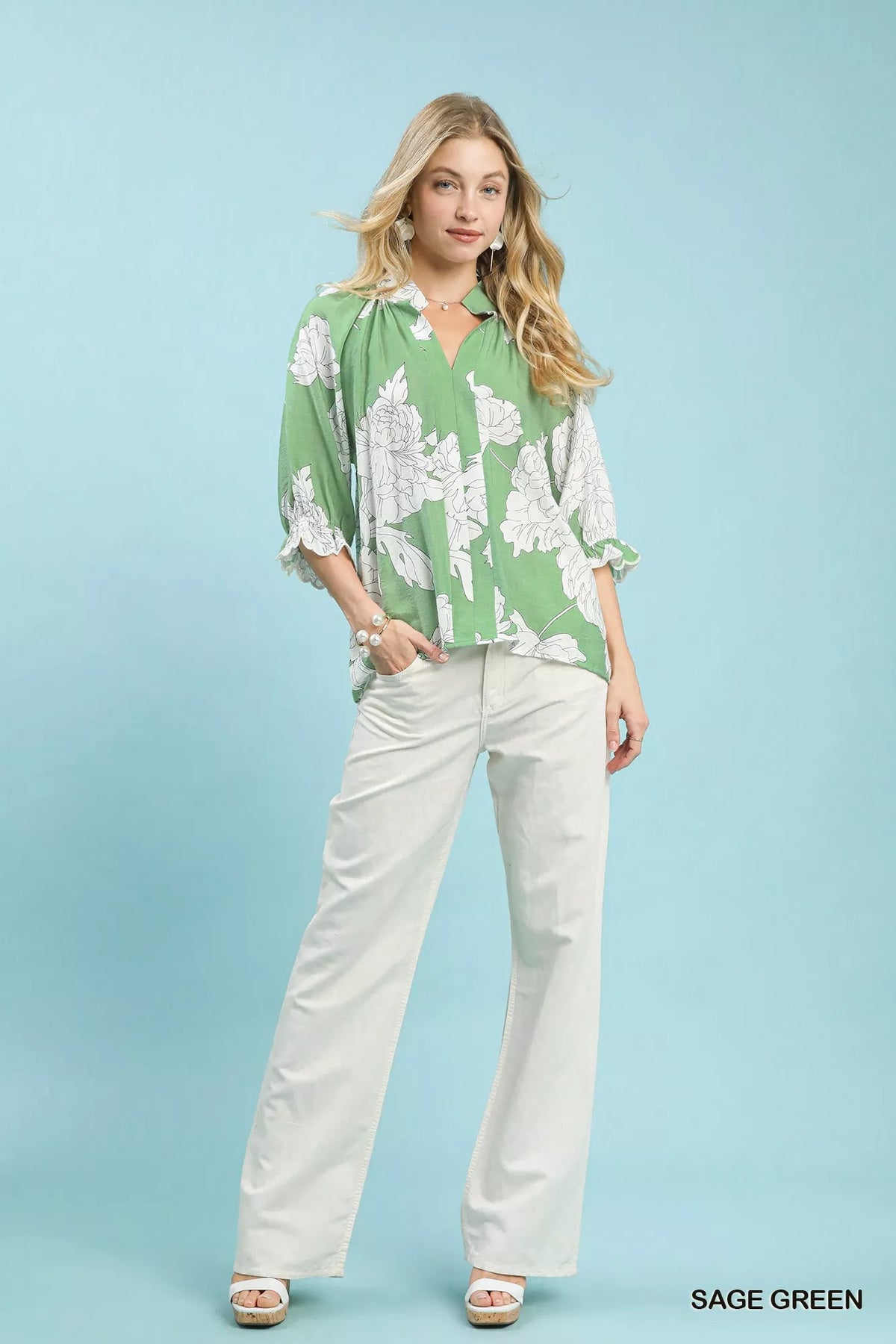 Umgee Peony Illustration Print Flounce Sleeve Blouse