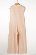 Textured Button Front Wide Leg Cap Sleeve Jumpsuit