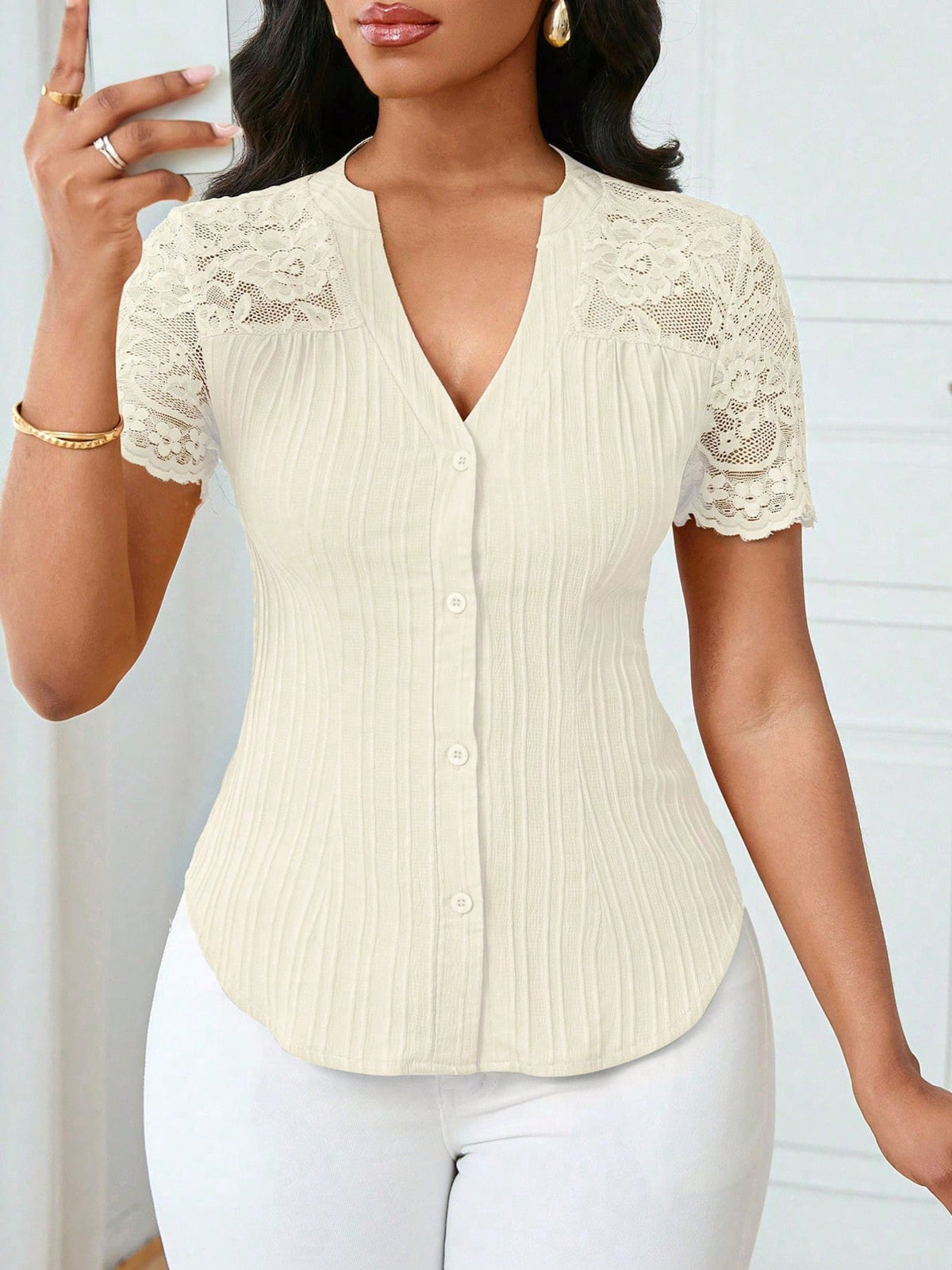 Lace Sleeve Button Up Shirt