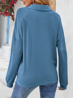 Half Button Collared Neck Long Sleeve Top