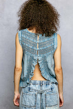POL Button Closure on Back Ruffled Sleeveless Cotton Blouse with Trim Detail