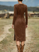 Suede Fringe Long Sleeve Midi Dress