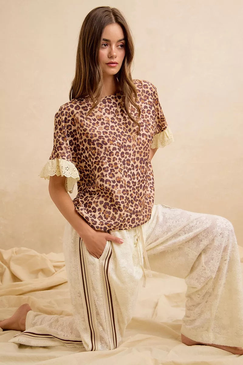 BiBi Leopard and Eyelet Lace Ruffled Top and Shorts Set