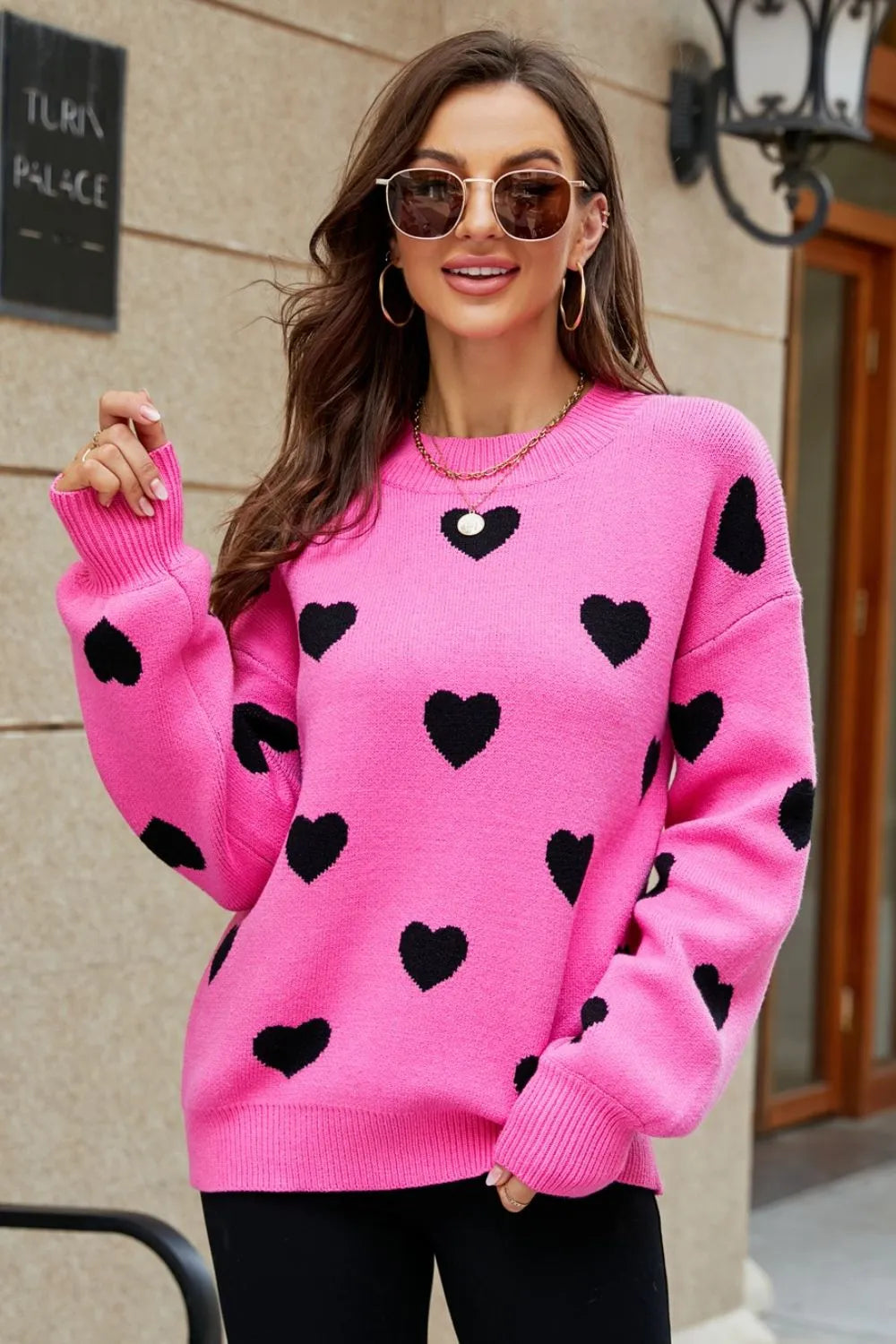 Heart Pattern Lantern Sleeve Round Neck Tunic Sweater