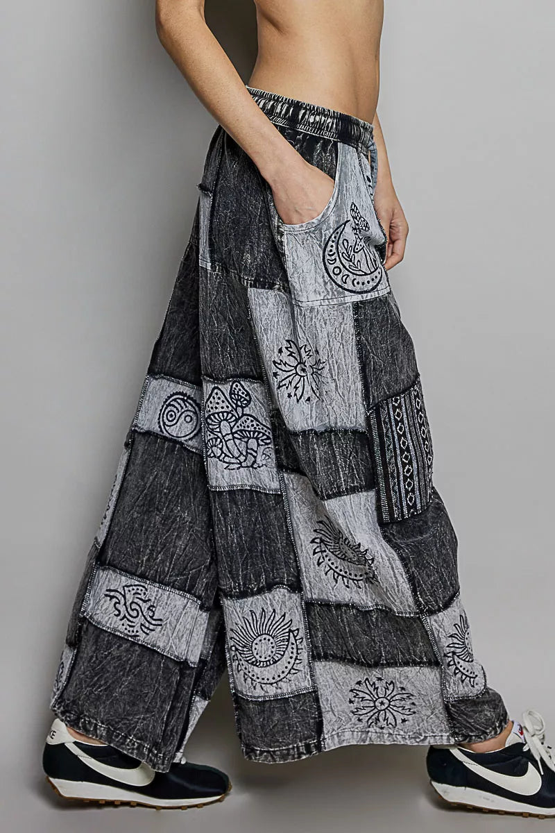 POL Drawstring Patchwork Wide Leg Pants