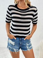 Openwork Striped Round Neck Short Sleeve Knit Top