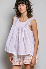 POL POL Round Neck Sleeveless Striped Pleated Cotton Top