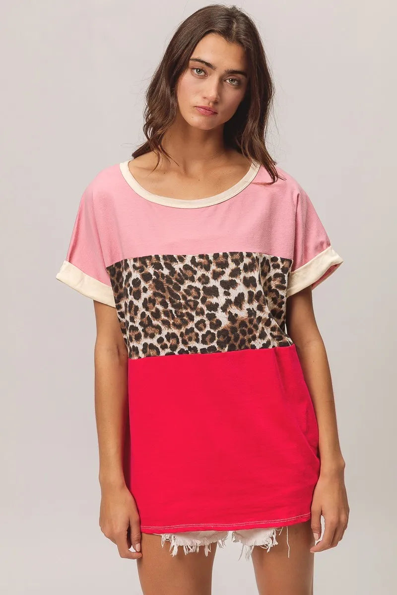 BiBi Leopard Printed JerseyColor Block Roll Up