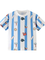 Children's Striped Cartoon Print Round Neck T-Shirt