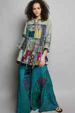 POL Tiered Floral Patchwork Tie Neck Shirred Ruffled Blouse
