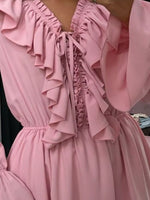 Ruffled V-Neck Long Sleeve Mini Dress
