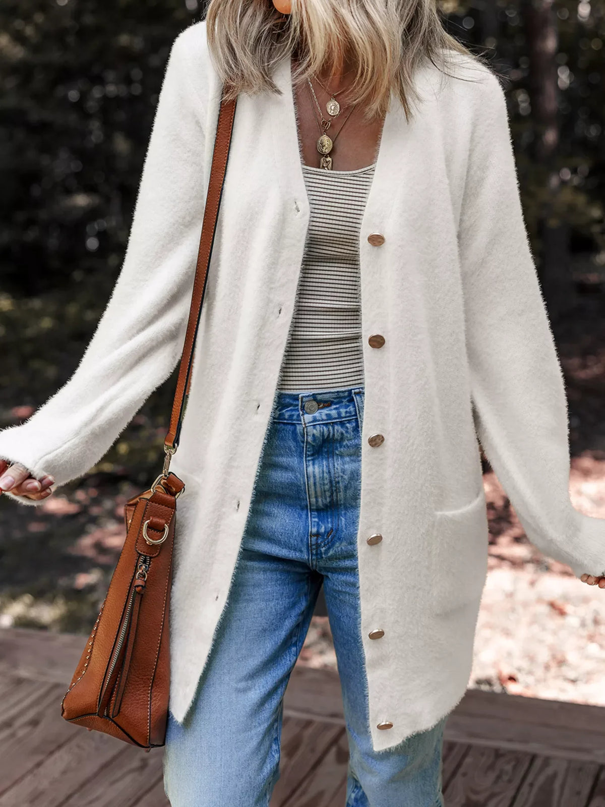 Fuzzy Buttoned Front Cardigan with Pockets