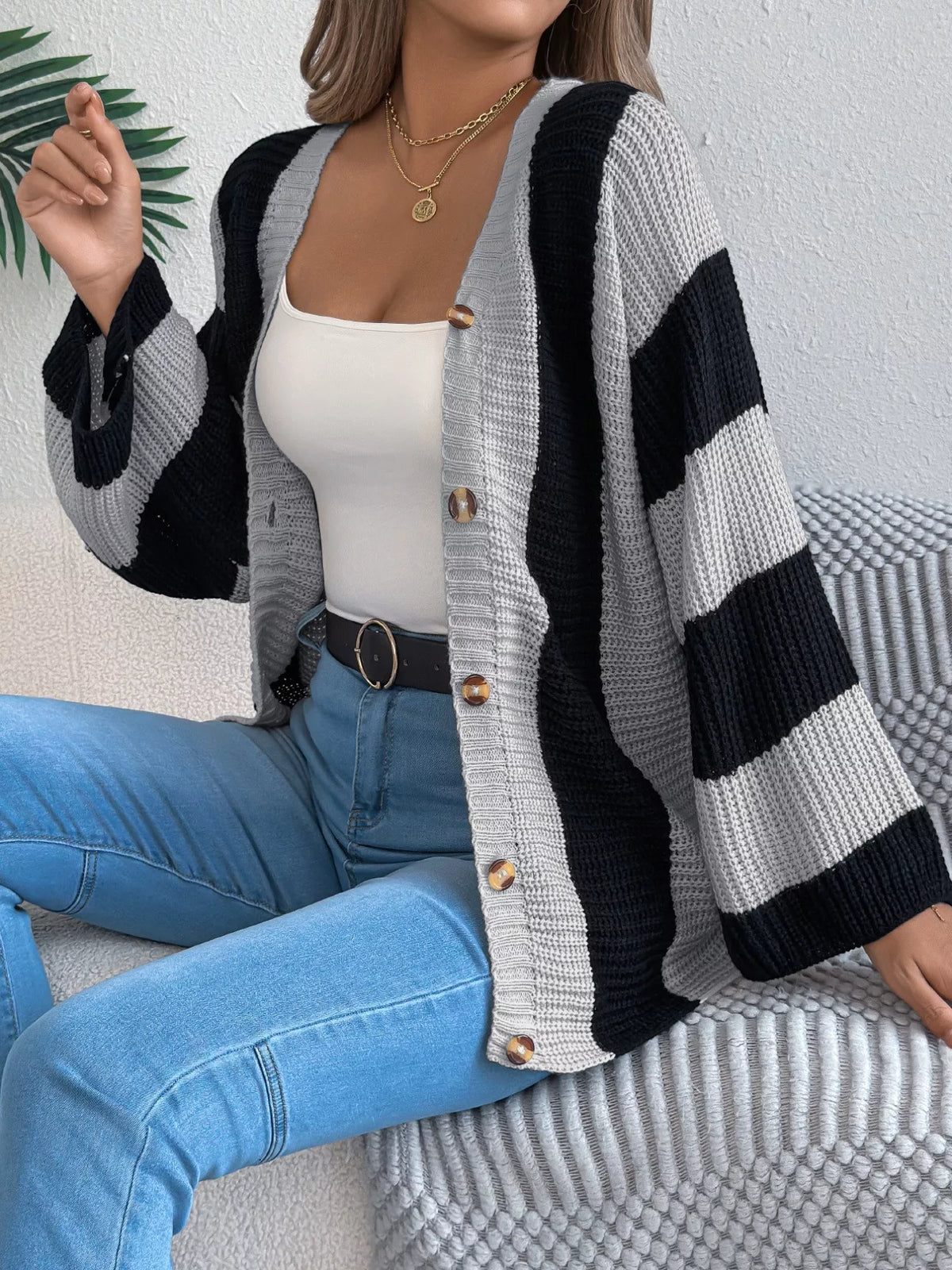 Color Block Button-Up Cardigan