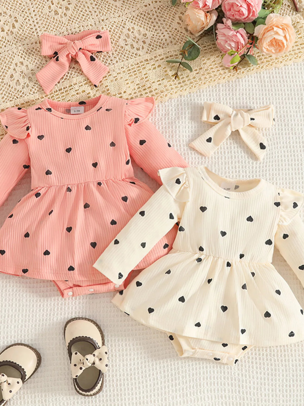 Children's Heart Print Ruffle Trim Bodysuit Dress with Headband