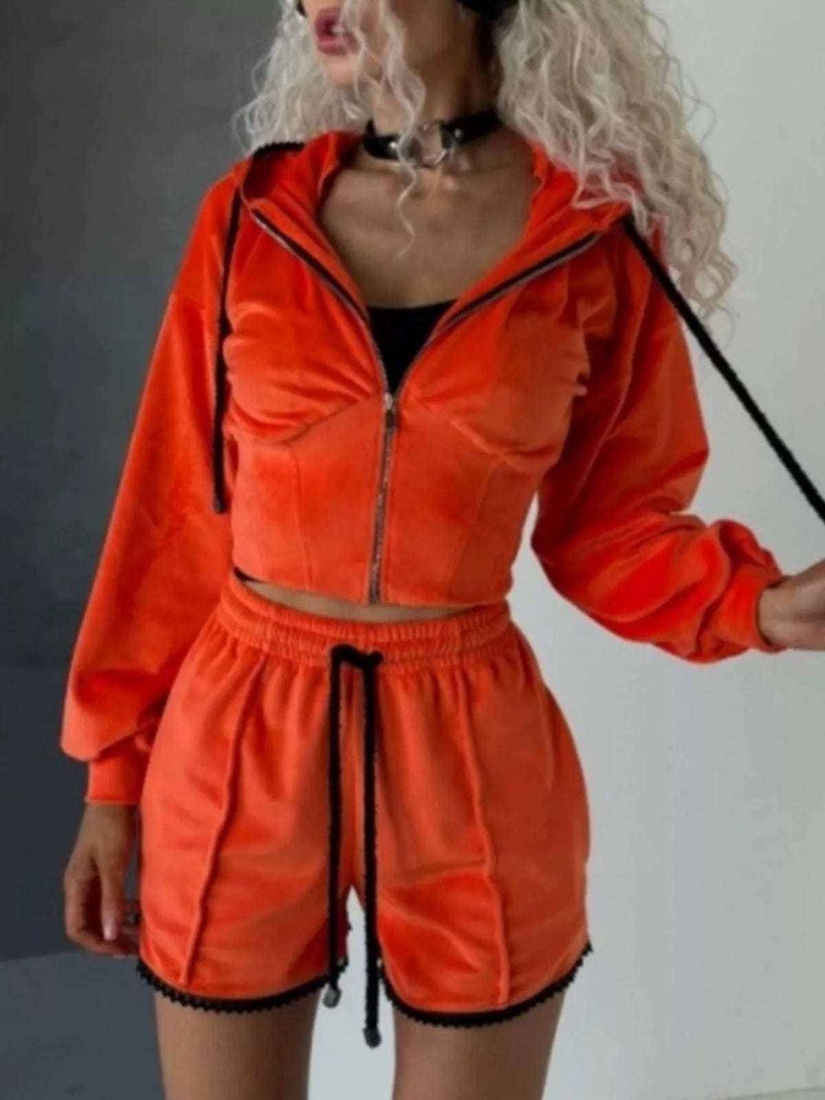 Zip Up Hooded Outerwear and Shorts Set