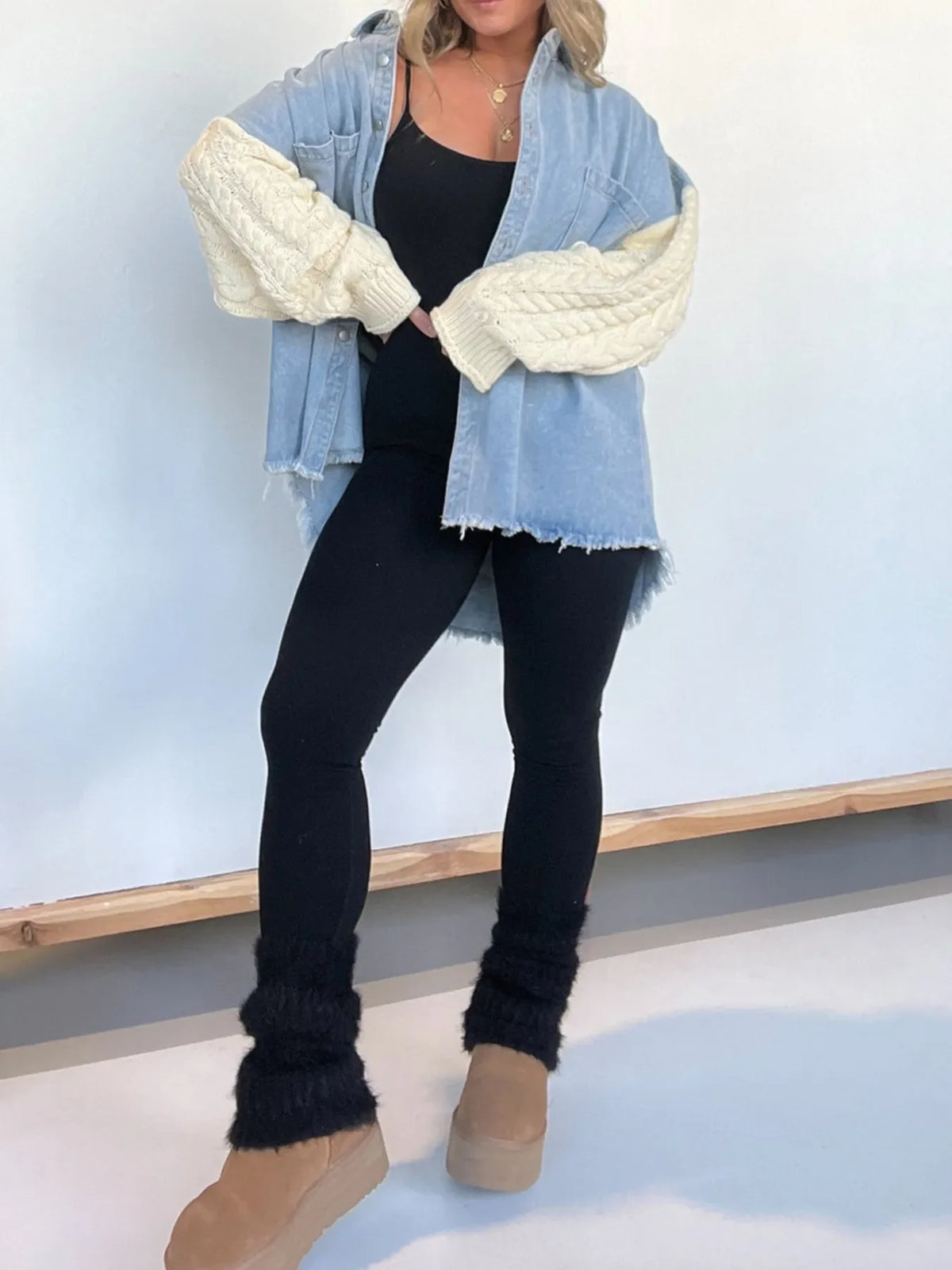 Full Size Raw Hem Button Up Patchwork Denim Jacket Plus Size