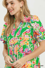 Umgee Floral Print Puff Sleeve Tiered Midi Dress