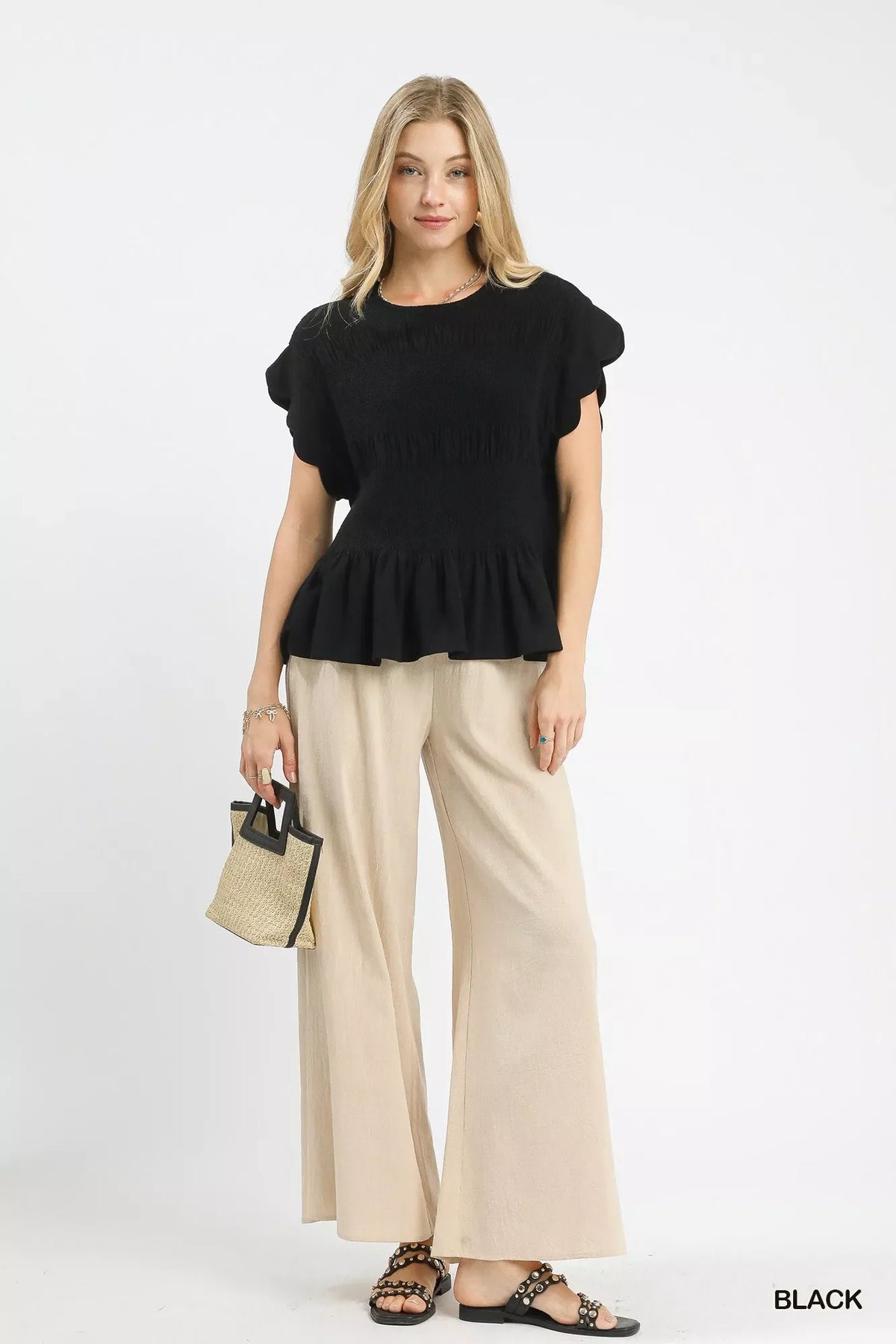 Umgee Linen Blend Smocked Peplum Blouse