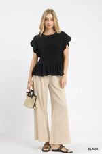 Umgee Linen Blend Smocked Peplum Blouse