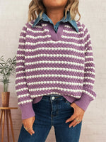 Contrast Striped Sweater with Denim Collar
