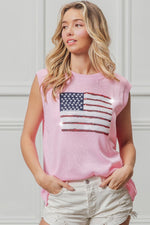 BiBi American Flag Sequins Patch Knit Top