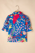Abstract Print Frilled Collar Ruffled Puff Short Sleeve Top