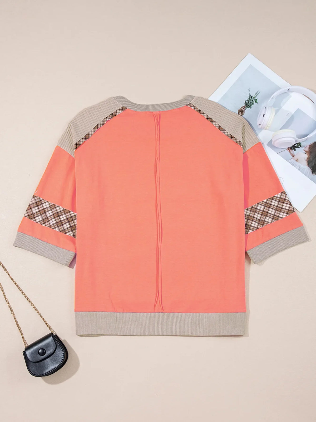 Plaid Waffle Flower Patchwork Contrast Top