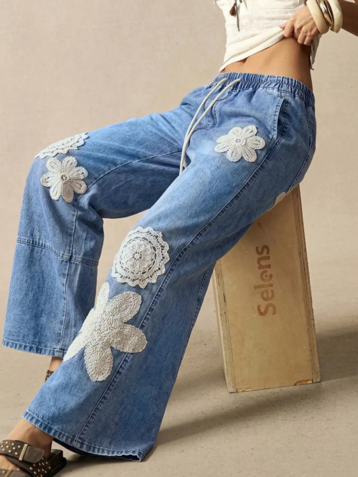 Wide-Leg Drawstring Jeans