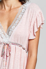 POL Tied Ruffled V-Neck Short Sleeve Blouse with Lace Detail