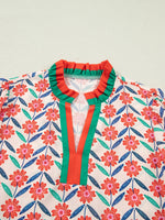 Floral Print Striped Detail V Neck Ruffled Short Sleeve Blouse