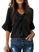 Ruffle V-Neck Flounce Sleeve Blouse