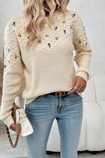 Floral Round Neck Dropped Shoulder Sweater