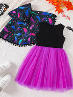 Children's Halloween Bat Print Hooded Cape and Tulle Dress Set
