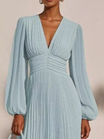 Pleated V-Neck Chiffon Midi Dress