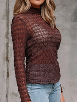 Sheer Mesh Patterned Lettuce Trim Slim Long Sleeve Top