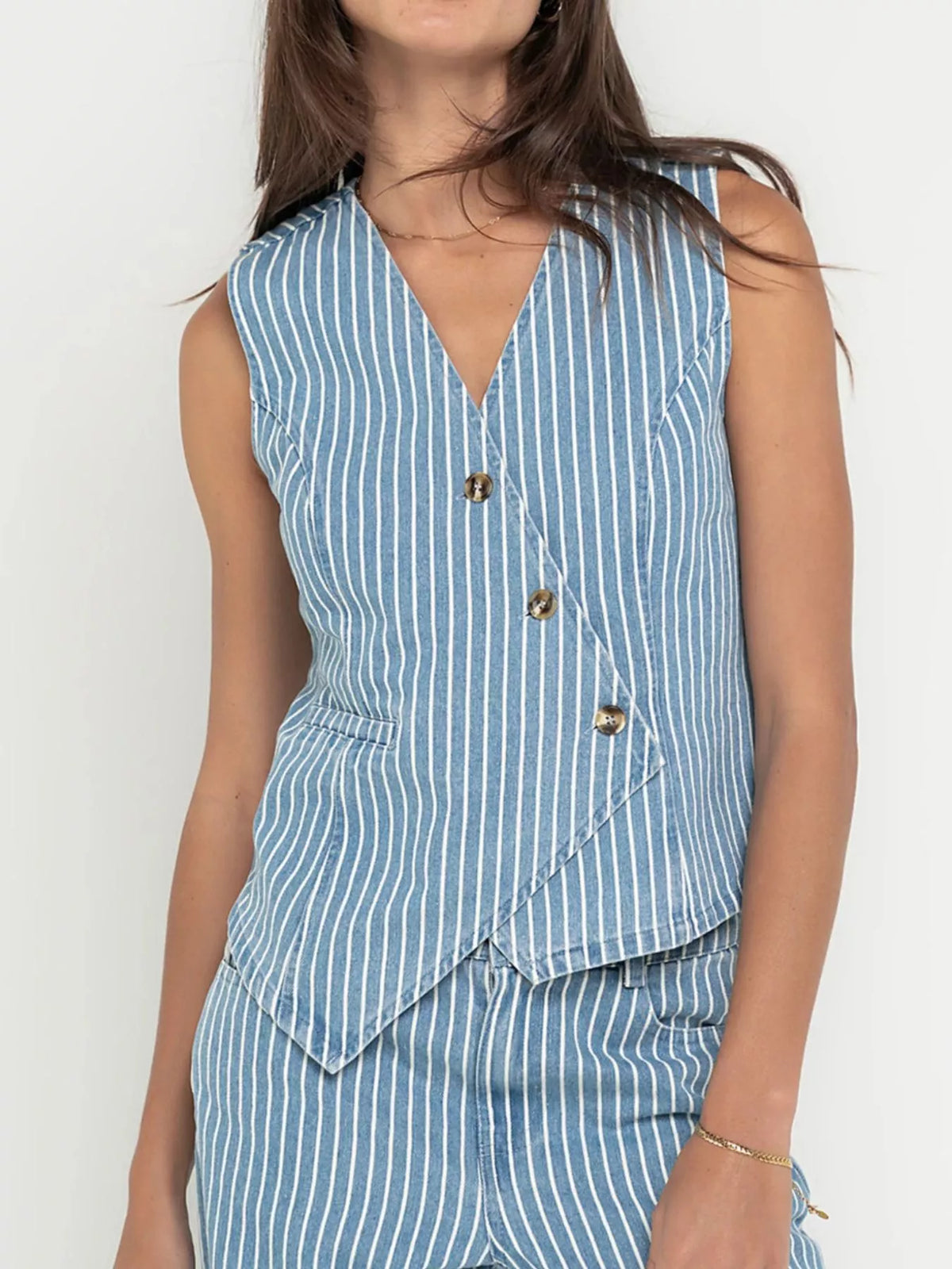 Striped Button Up Sleeveless Top and Jeans Denim Set