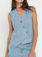 Striped Button Up Sleeveless Top and Jeans Denim Set