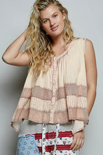 POL Button Down Round Neck Tank with Crochet Contrast