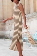 Stripe Tie V Neck Sleeveless Side Slit Midi Dress